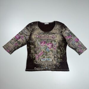 Dressbarn Vintage Y2K Brown Pink Floral Bling Top Size 1X Grunge Whimsy USA Made